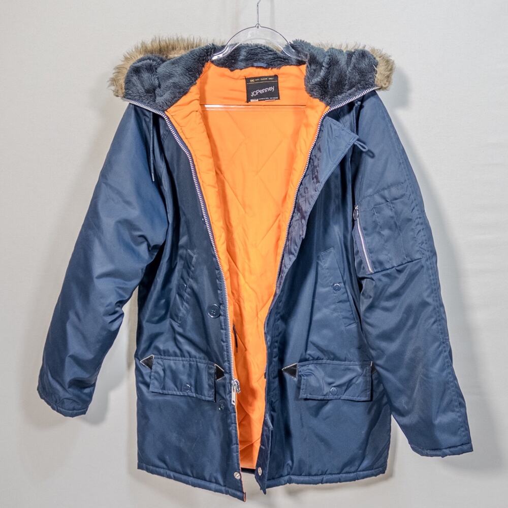Vtg JC Penney Parka Mens Sz M Faux Fur Hood Quilted linning EUC Blue